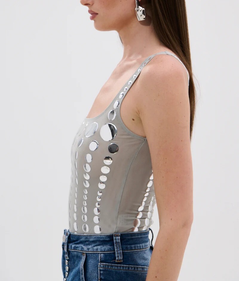 Silver Dance冰灰色金屬圓亮片網紗連身衣 Bodysuit