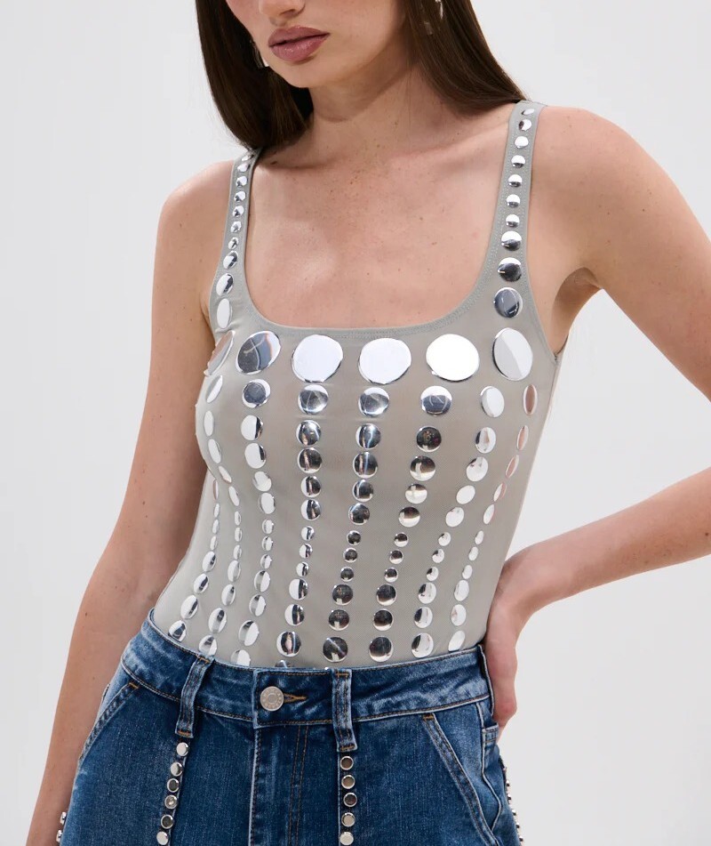 Silver Dance冰灰色金屬圓亮片網紗連身衣 Bodysuit