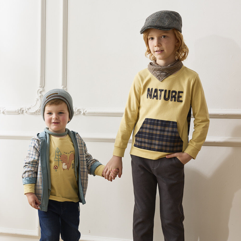 PIPPY森林松鼠刺繡彈性棉圓領長袖上衣 黃