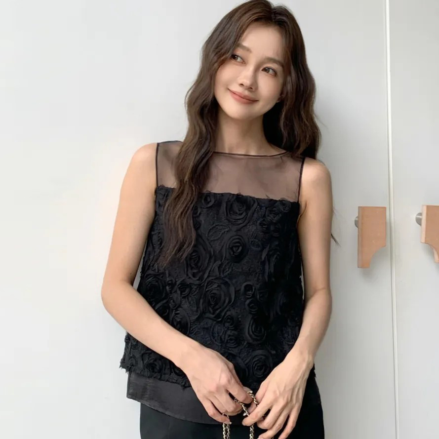 經典黑透膚感拼接立體玫瑰花背心上衣S-M (Elegant & Love)