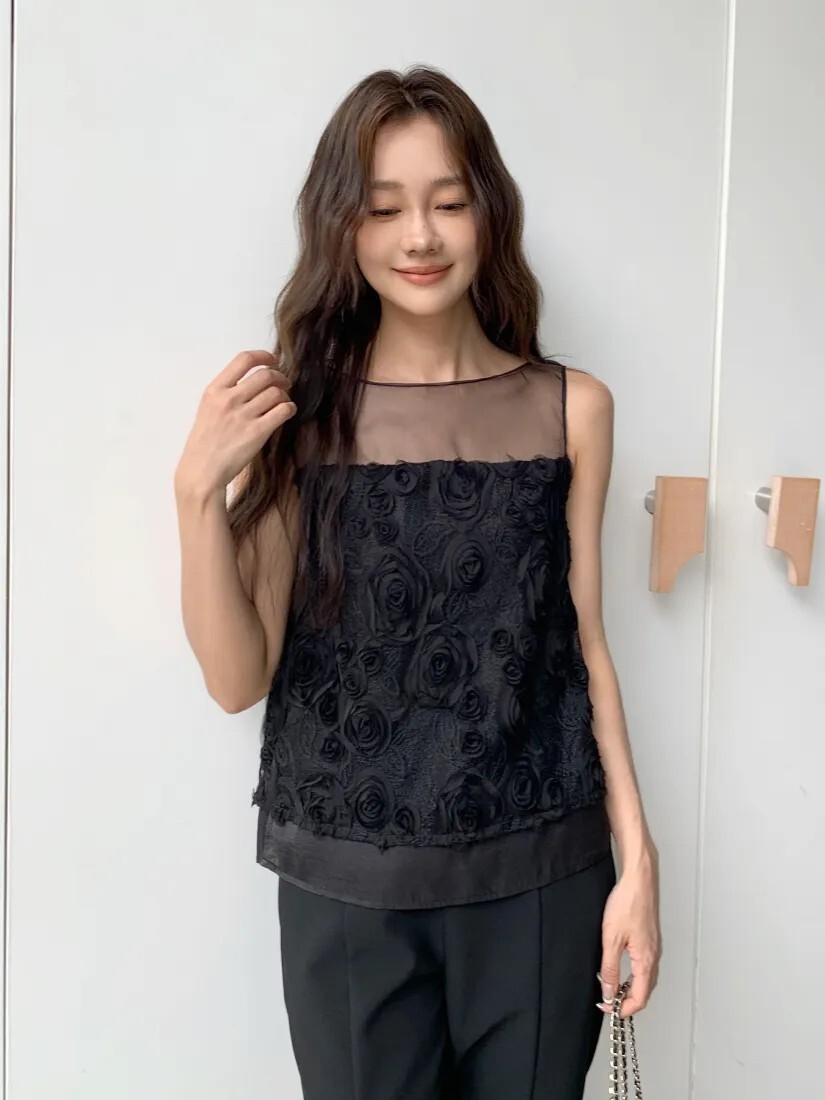 經典黑透膚感拼接立體玫瑰花背心上衣S-M (Elegant & Love)