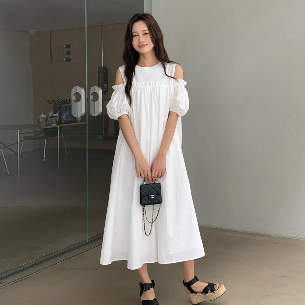 雲朵白露肩澎澎袖造型傘擺圓領長洋裝-F (Elegant & Love)