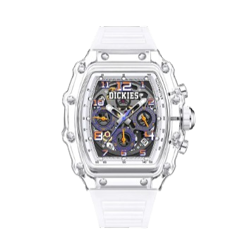 Dickies 銀河系列 石英機芯 矽膠錶帶 白色錶盤 雙面鏤空透明三眼六針腕錶 Dickies002SR