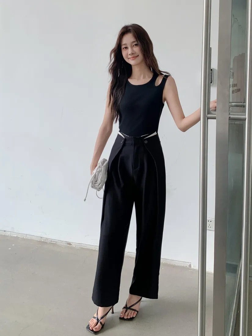 獨特感腰頭配色雙釦造型九分西裝褲-S-L (Elegant & Love)