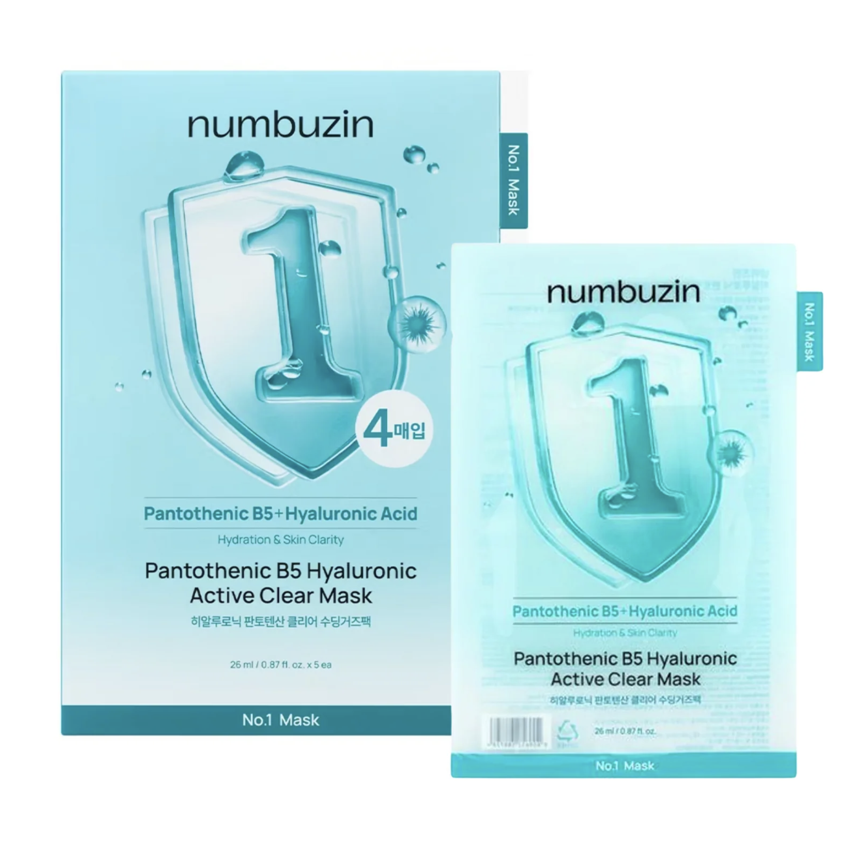 Numbuzin｜No.1 泛酸 B5 玻尿酸活性透明面膜 (4片裝) No.1 Pantothenic B5 Hyaluronic Active Clear Mask