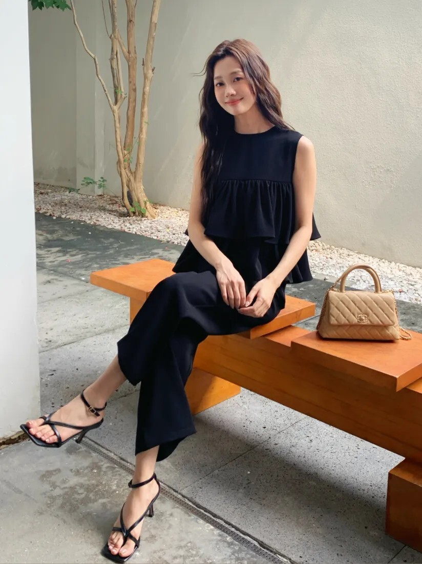 經典黑層次蛋糕造型圓領連身褲長褲-S-L (Elegant & Love)