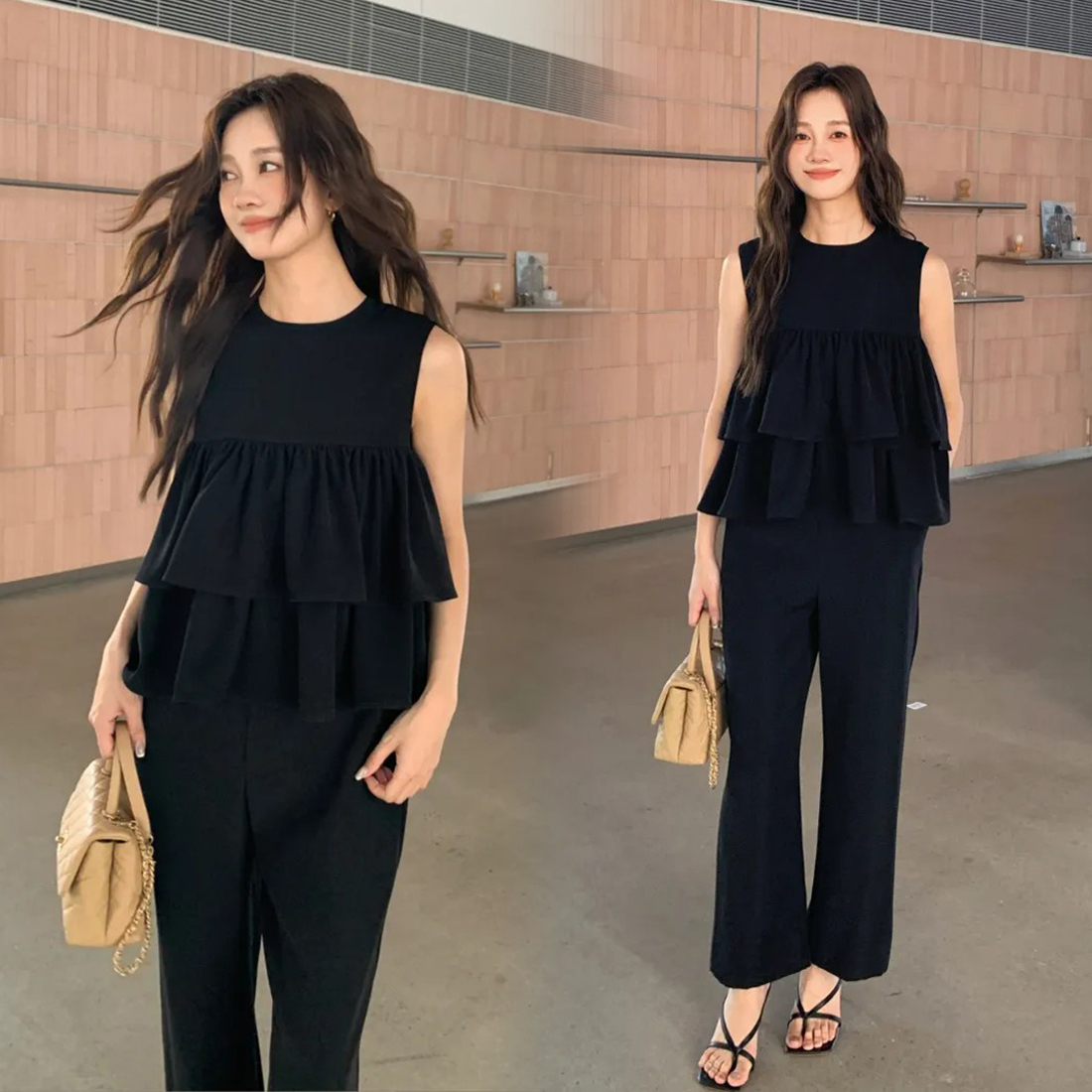 經典黑層次蛋糕造型圓領連身褲長褲-S-L (Elegant & Love)