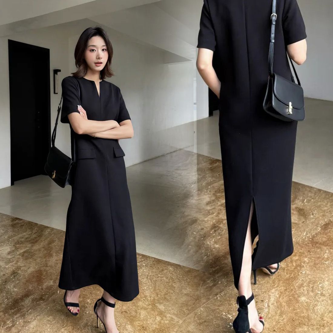 經典黑V切口圓領造型假兩件長洋裝-S-L (Elegant & Love)