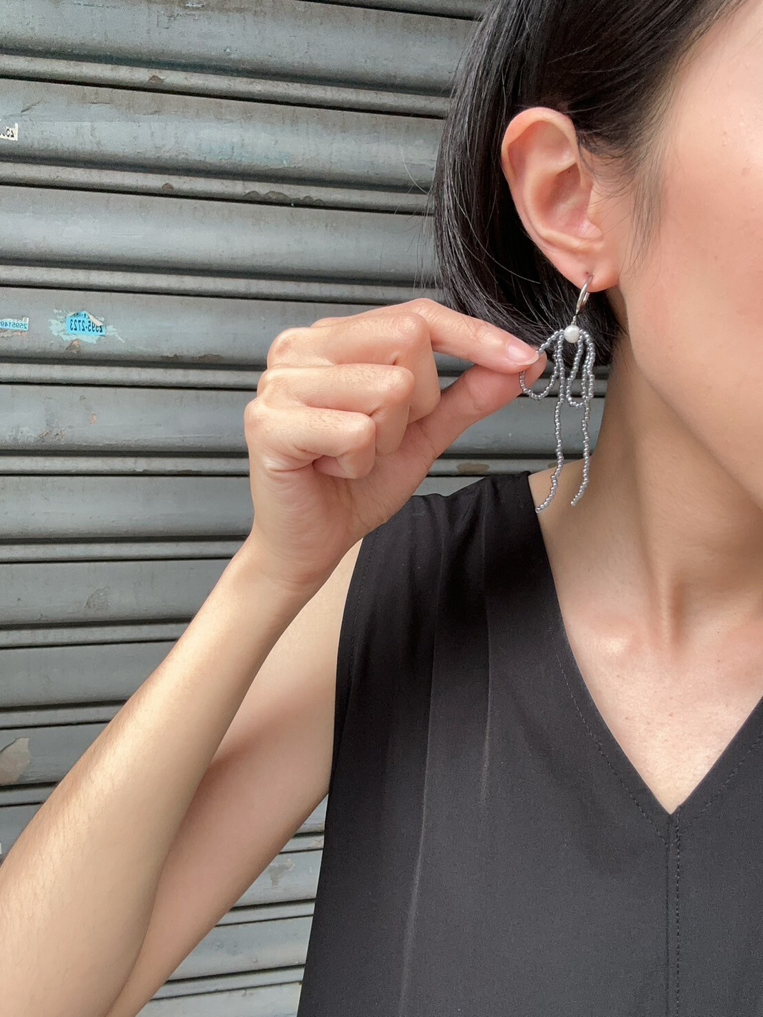 [marumo] beads ribbon/navy | 耳夾 | NO.27