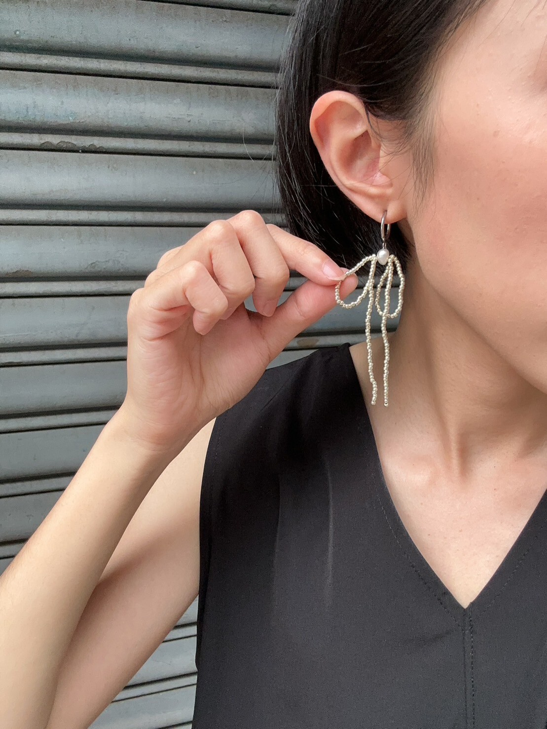 [marumo] beads ribbon/silver | 耳夾 | NO.23