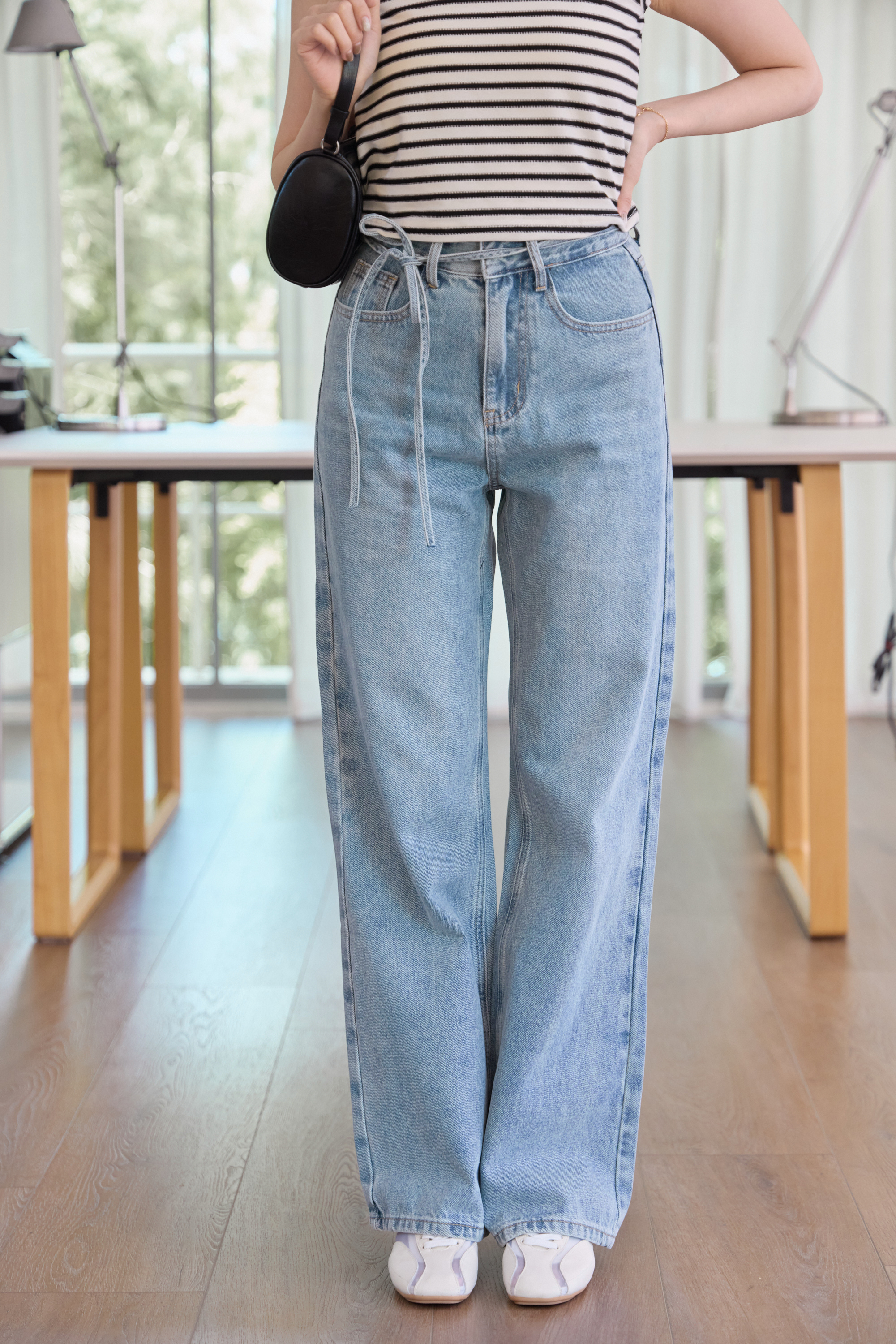 guten made/捨不得換 綁帶褲勾牛仔寬褲-藍