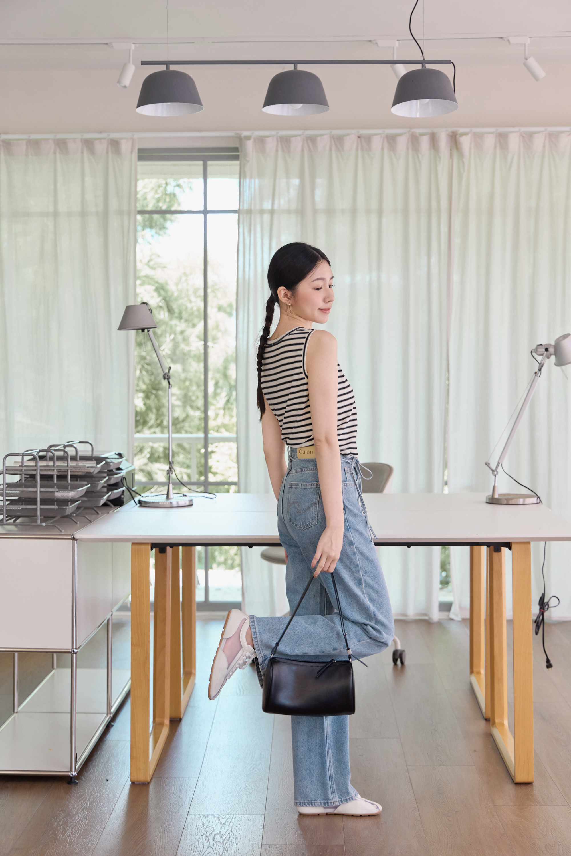 guten made/捨不得換 綁帶褲勾牛仔寬褲-藍