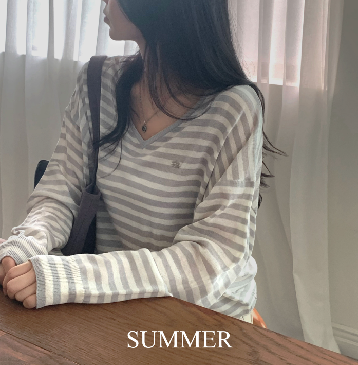 早秋預訂｜條紋V領垂墜長袖針織衫-5色