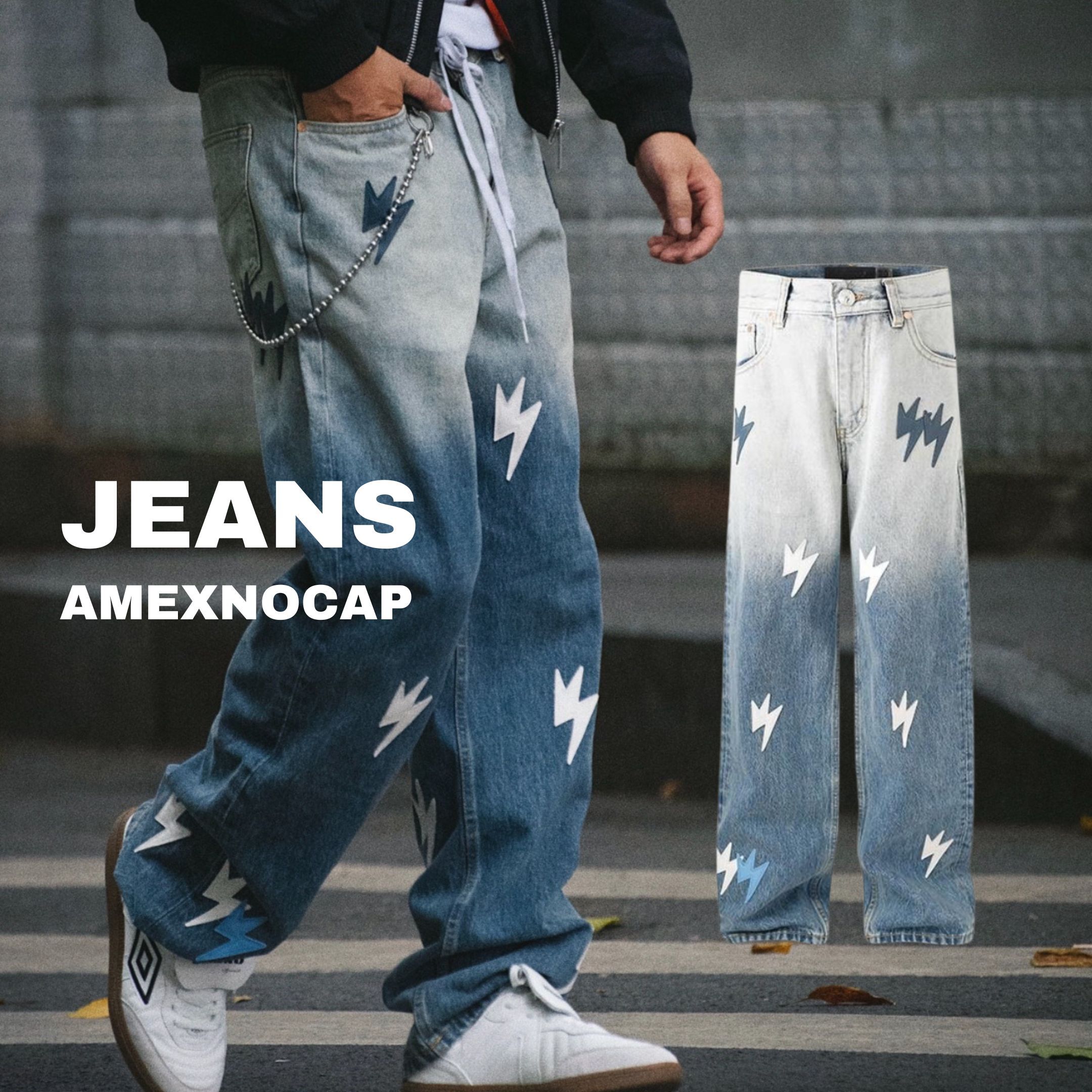 NICEDAY 代購 Amexnocap 拉鏈 漸層 閃電 牛仔褲 貼布 高盎司 水洗 男女同款 A11
