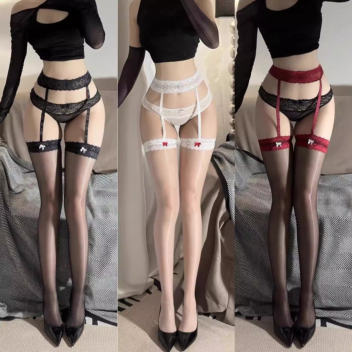 蕾絲蝴蝶結裝飾吊帶襪 (黑色/紅色/白色) JK-0017
