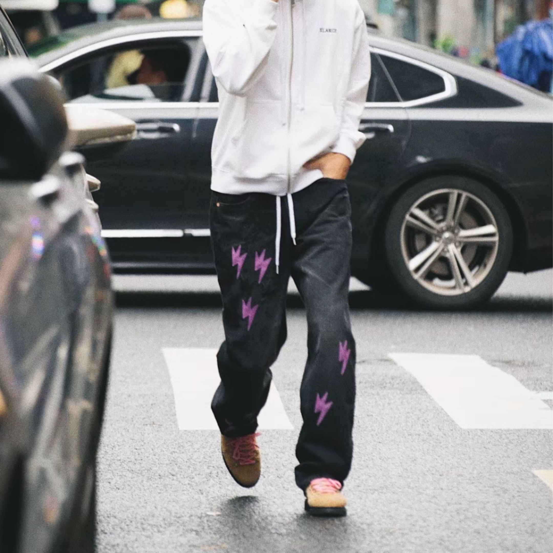 NICEDAY 代購 Amexnocap 拉鏈 漸層 閃電 黑紫 紫色 牛仔褲 貼布 高盎司 水洗 男女同款 A07