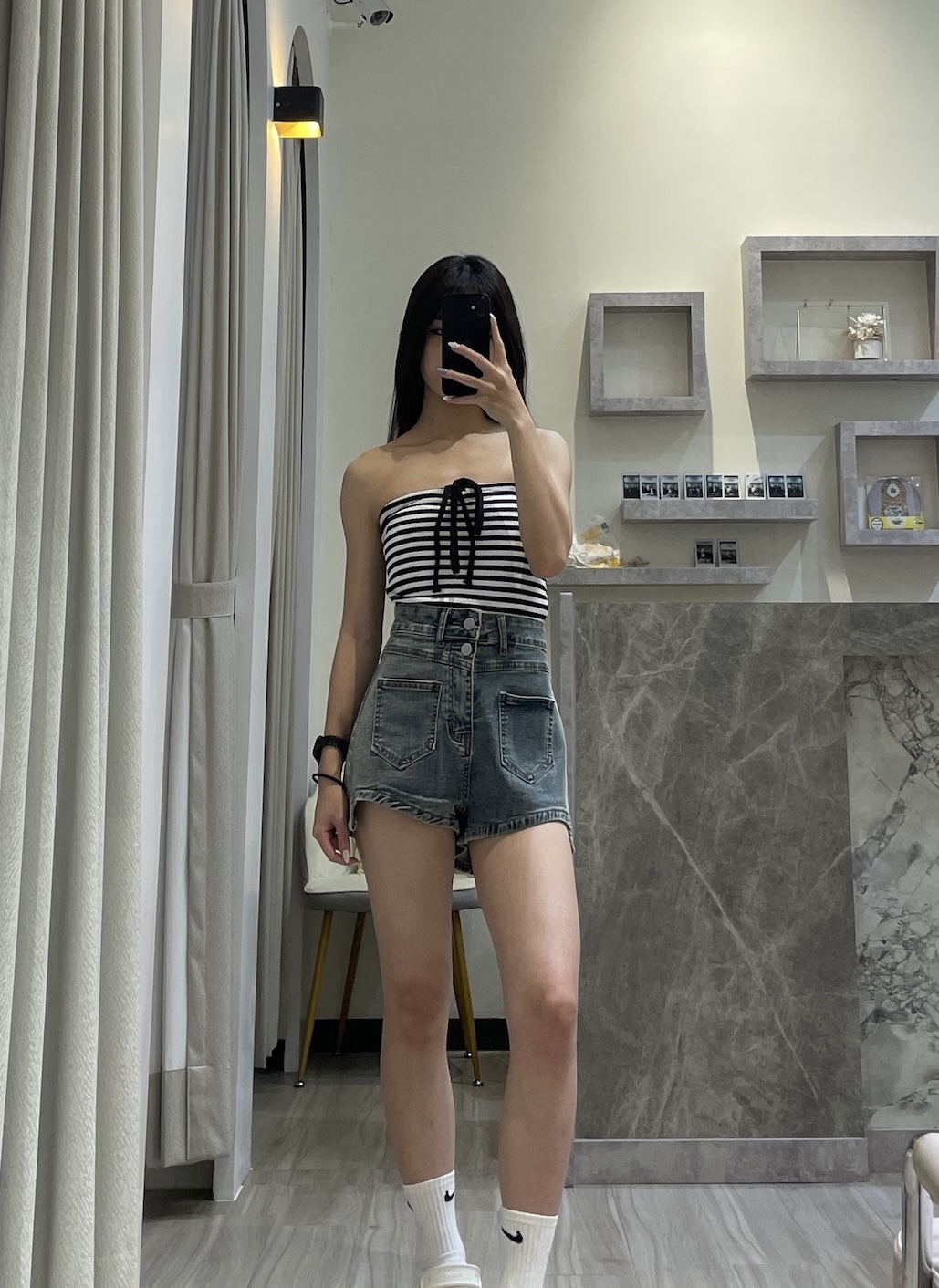 前綁帶條紋平口背心