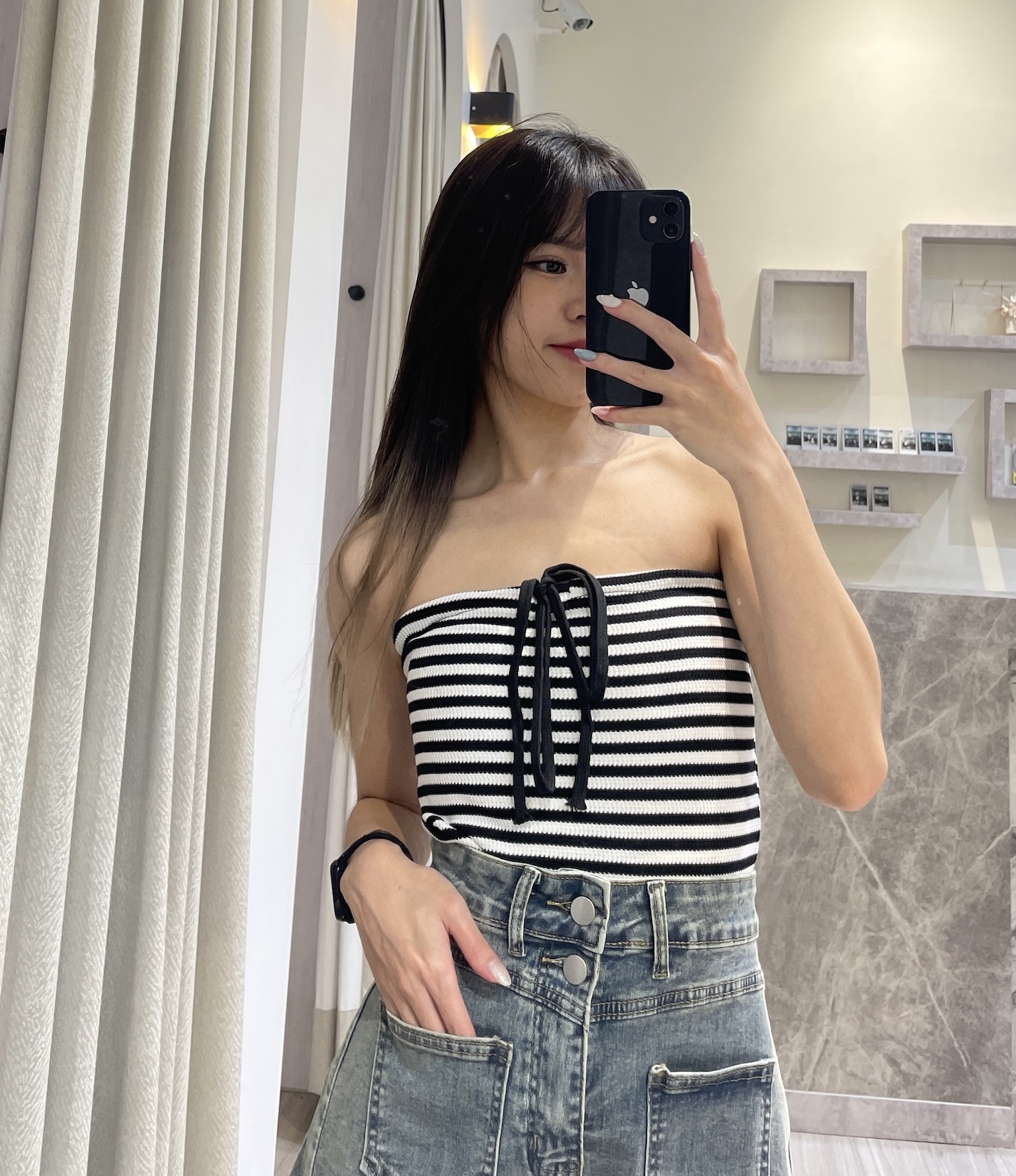 前綁帶條紋平口背心