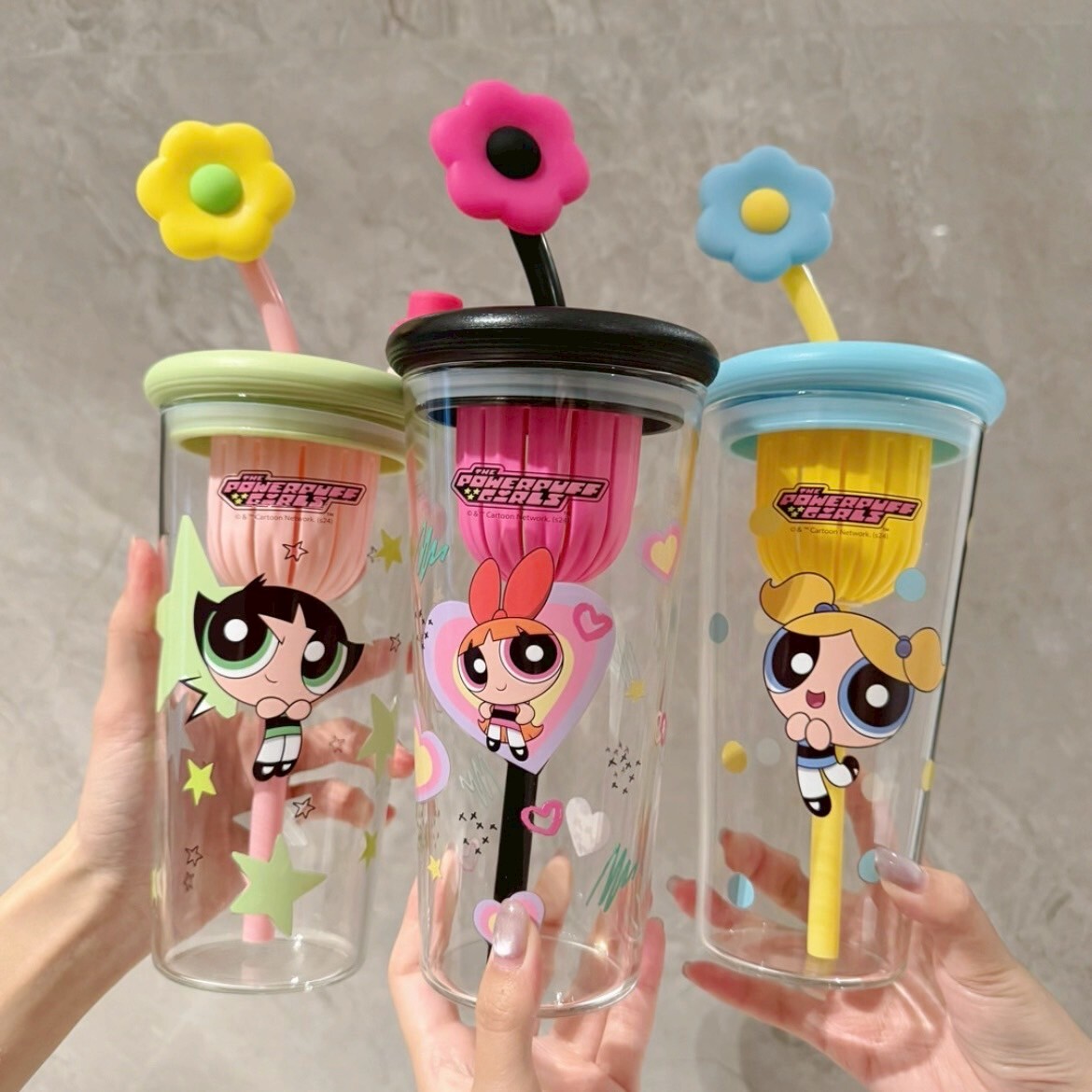 <正版授權>飛天小女警 玻璃吸管杯 760ml 花花 泡泡 毛毛