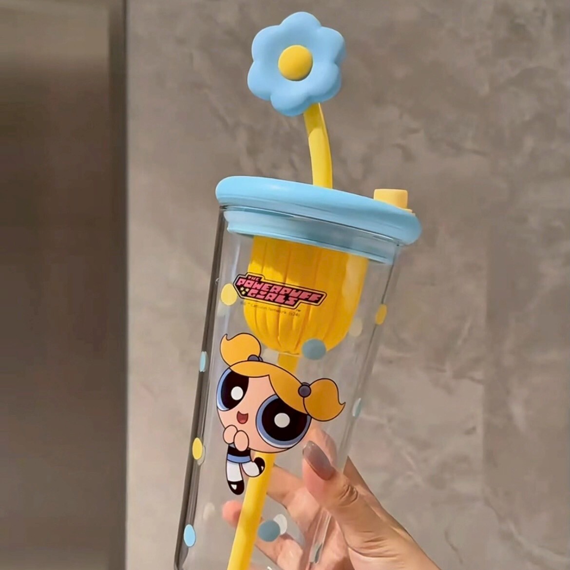 <正版授權>飛天小女警 玻璃吸管杯 760ml 花花 泡泡 毛毛