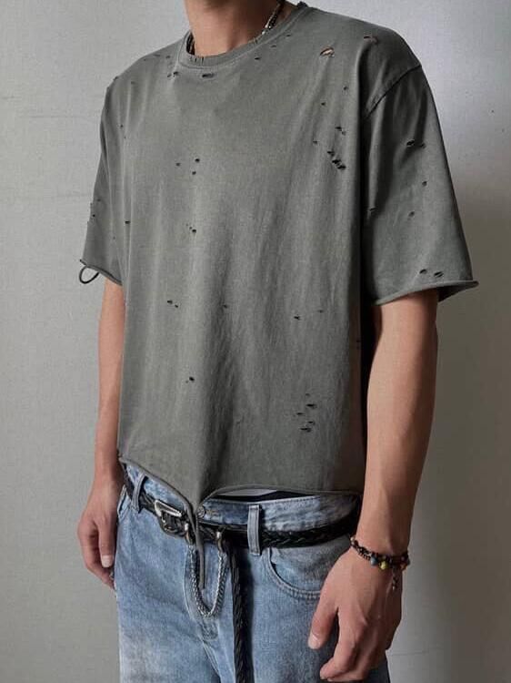 洗水淨色破洞Boxy短袖Tee LIL-060T