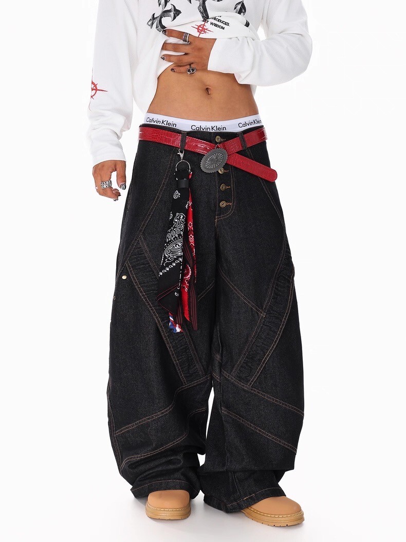 《S.V》多層裁片釘釦丹寧褲