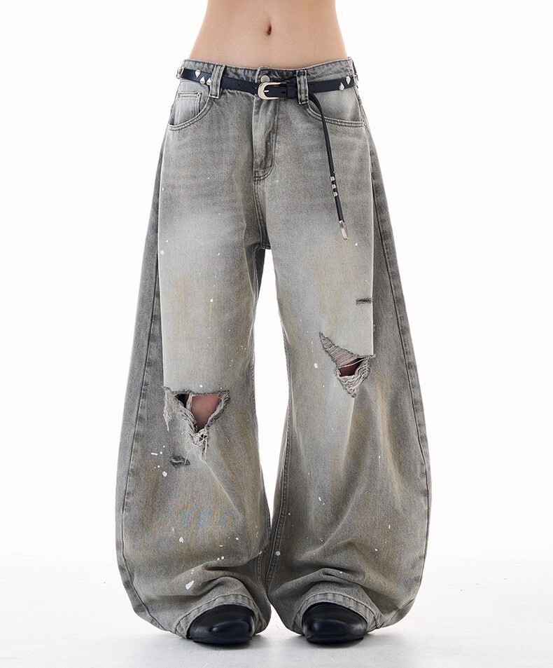 《S.V》膝破壞潑漆牛仔彎刀褲