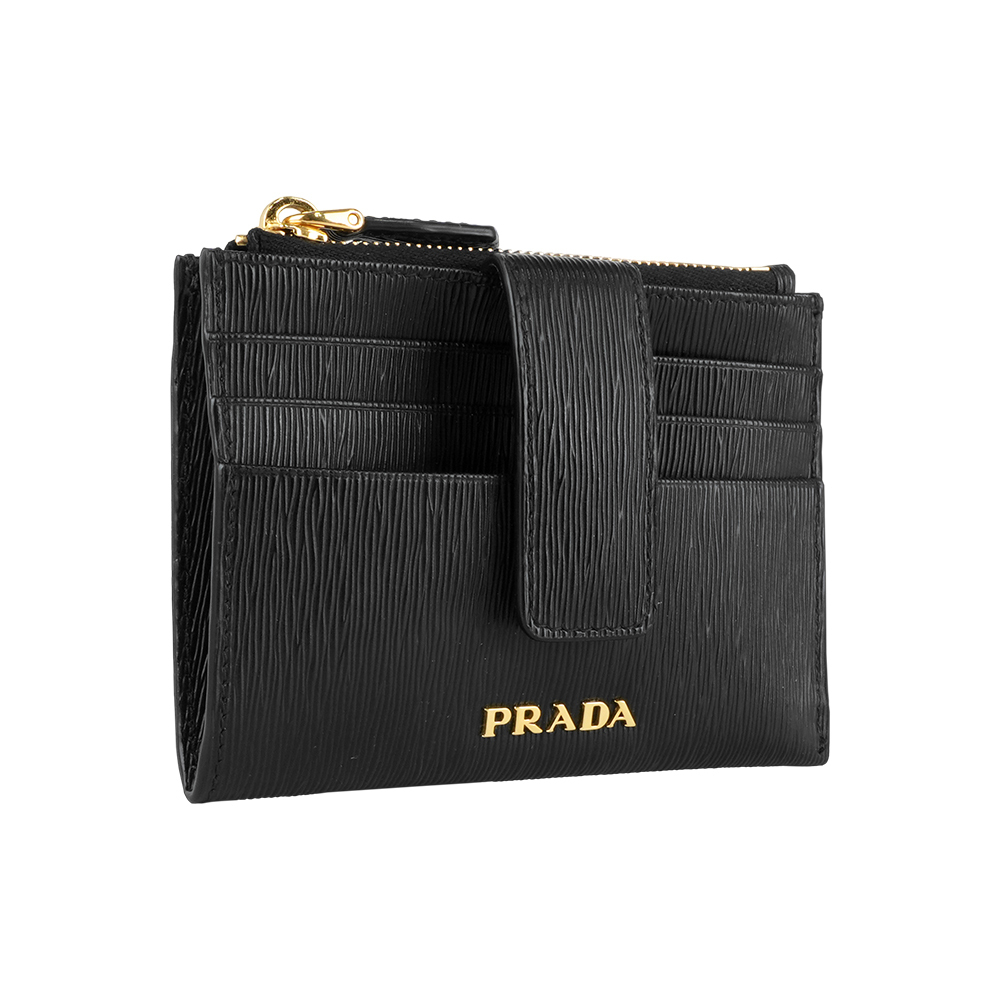 【Prada】金色Logo 水波紋釦式卡夾/拉鍊零錢包(黑色)