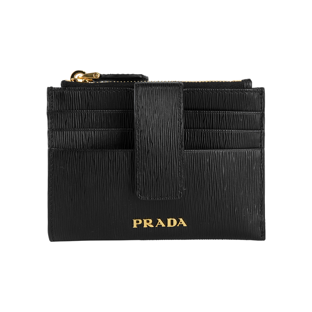 【Prada】金色Logo 水波紋釦式卡夾/拉鍊零錢包(黑色)