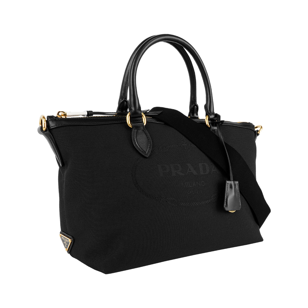 【Prada】Logo 尼龍手提/斜背二用水餃包(黑色)
