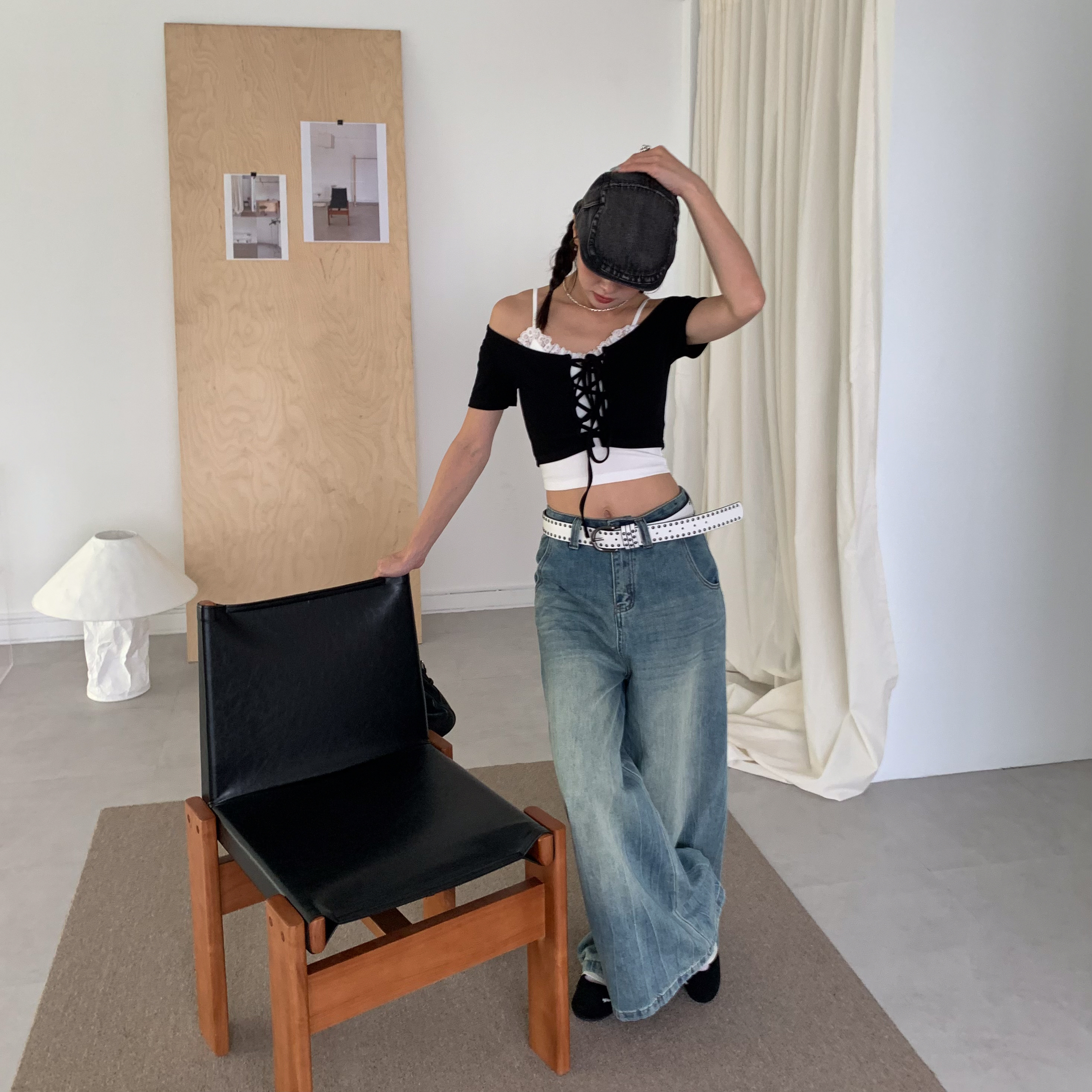 ISA_梨寶(遮肉!)擔當 超時髦復古刷色牛仔落地寬褲_57030