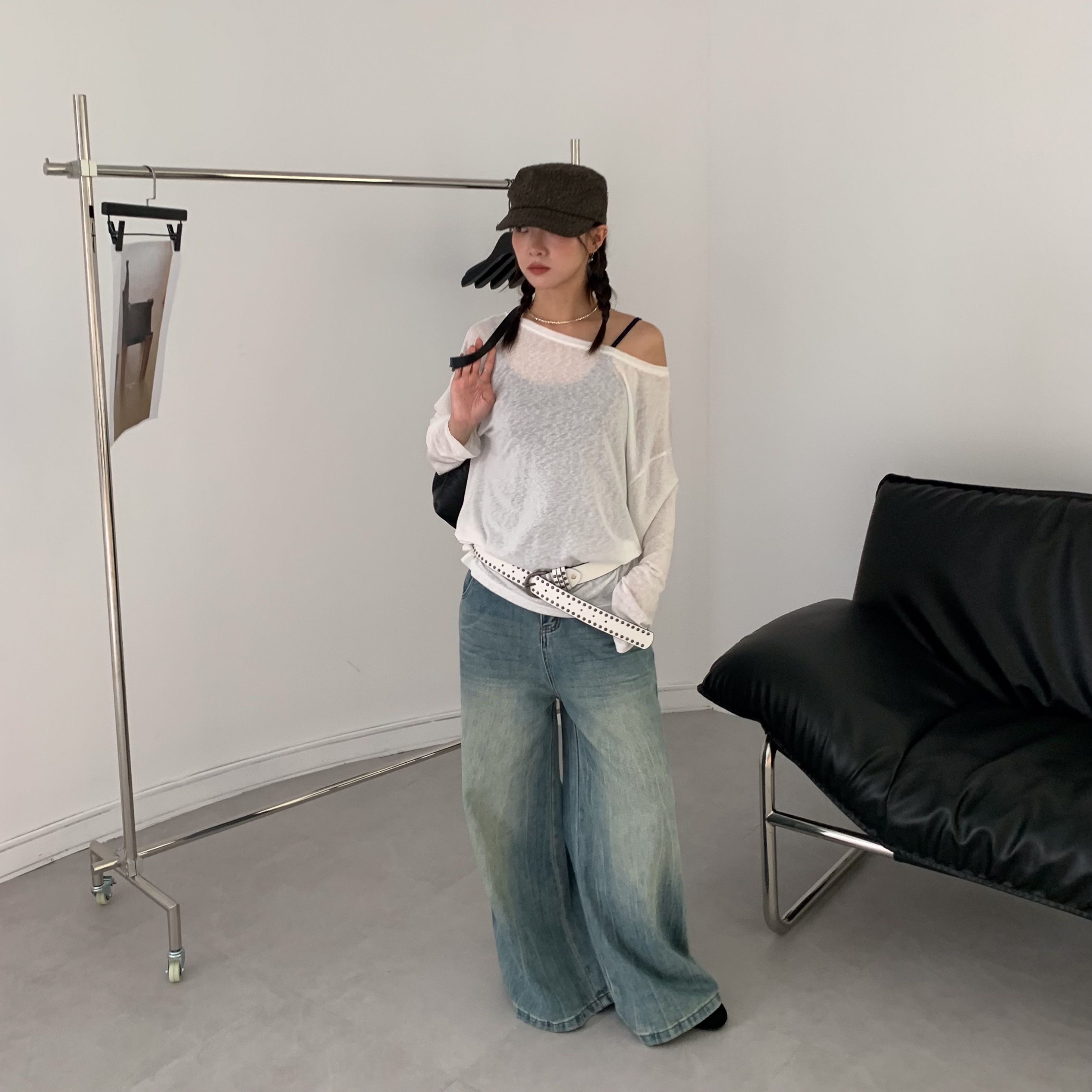 ISA_梨寶(遮肉!)擔當 超時髦復古刷色牛仔落地寬褲_57030