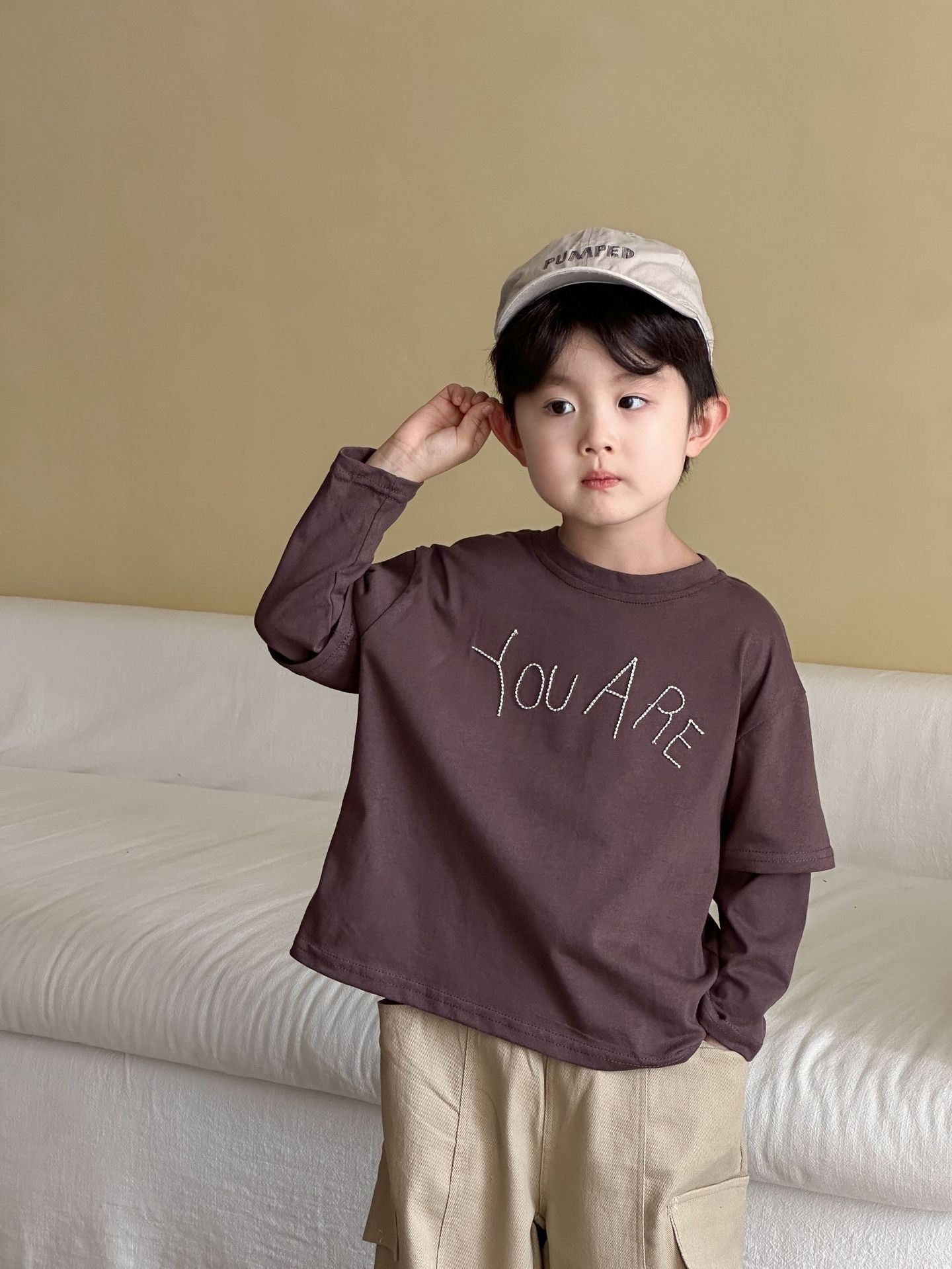 You are 棒球感假兩件長袖上衣