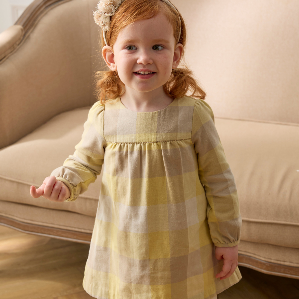 PIPPY 優雅格紋純棉圓領連身裙洋裝 黃