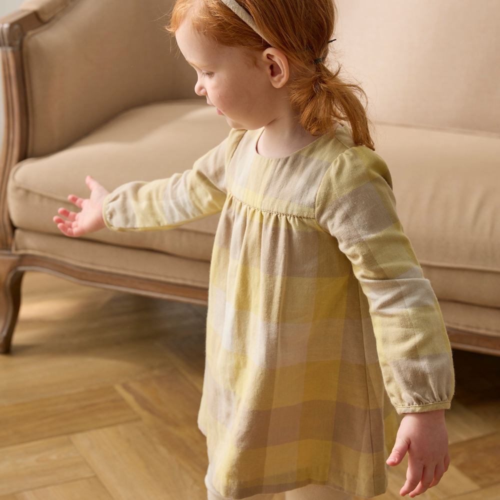 PIPPY 優雅格紋純棉圓領連身裙洋裝 黃