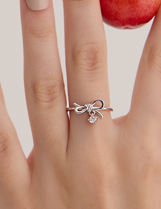 【925純銀】蝴蝶結垂鑽可調式戒指(銀)