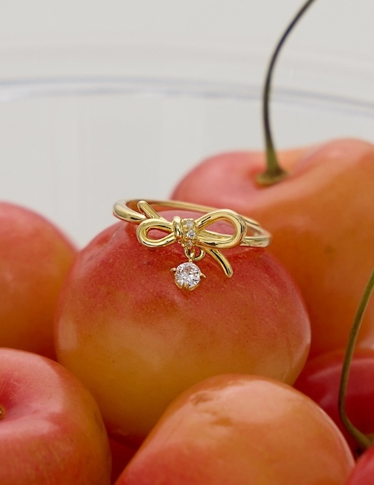 【925純銀】蝴蝶結垂鑽可調式戒指(金)