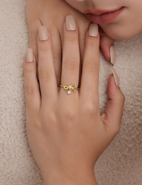 【925純銀】蝴蝶結垂鑽可調式戒指(金)