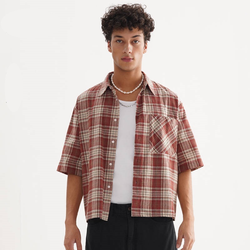 歐美Boxy寬短短袖格街頭短袖襯衫