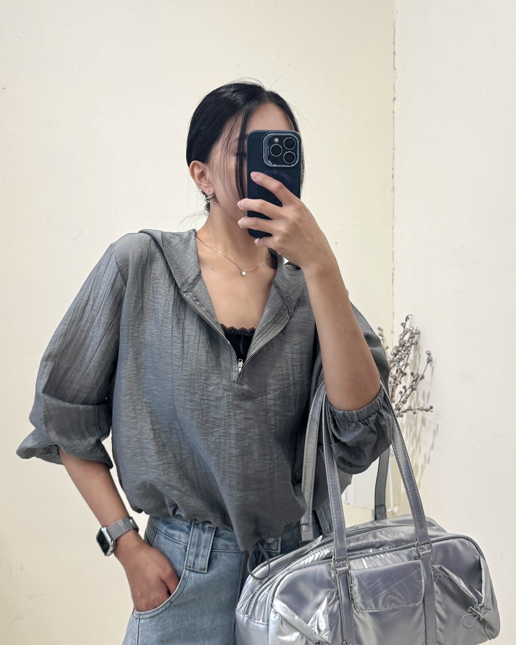 高質感節紗半拉鏈連帽長袖上衣-8092