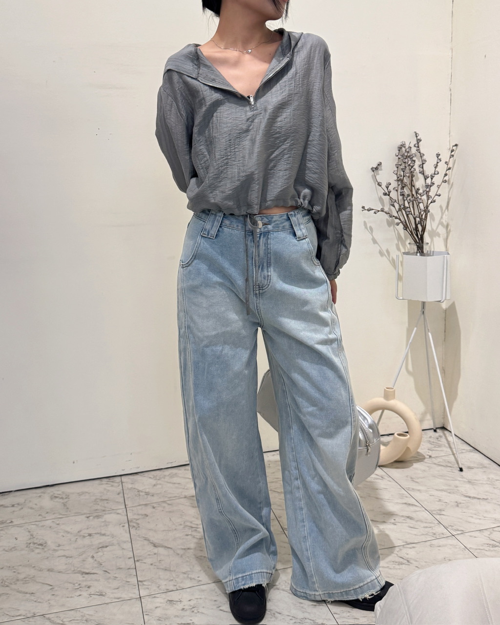 高質感節紗半拉鏈連帽長袖上衣-8092