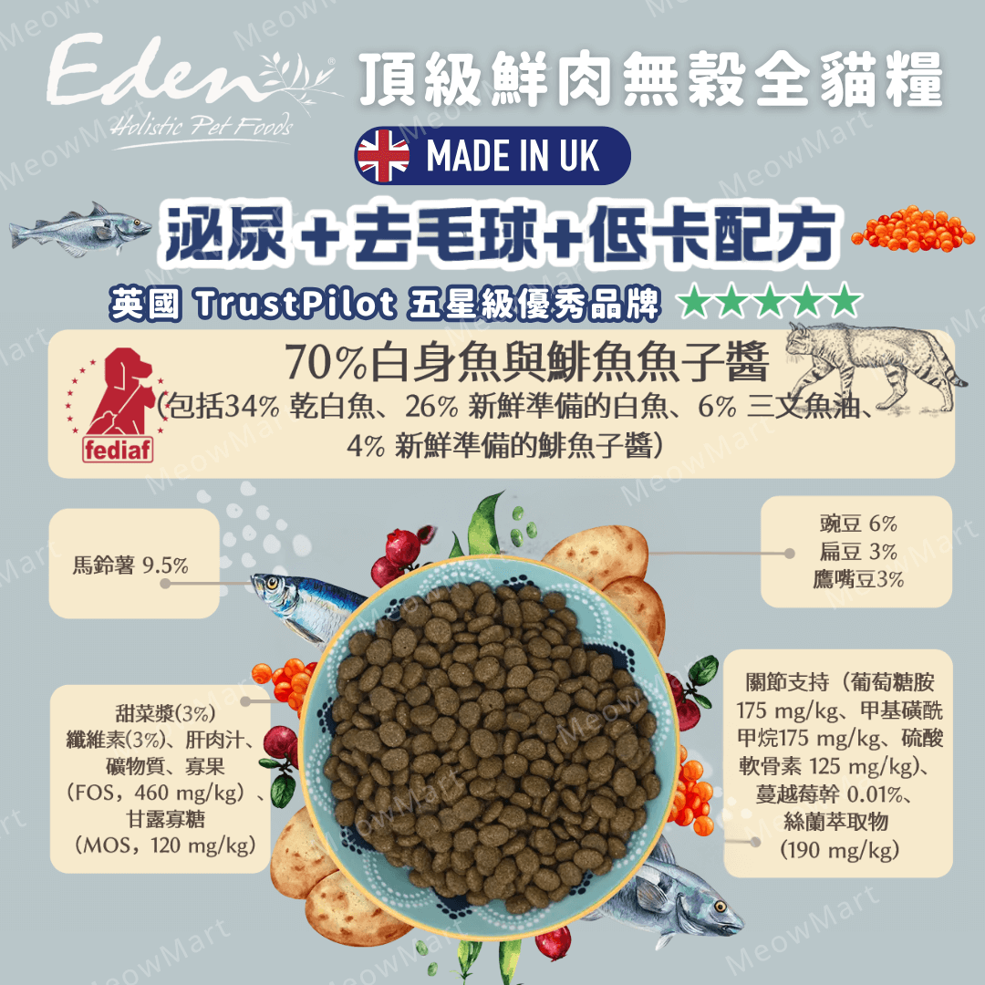 英國 Eden 鮮肉無穀 (白身魚+鯡魚魚子醬) 全貓糧 1.5kg