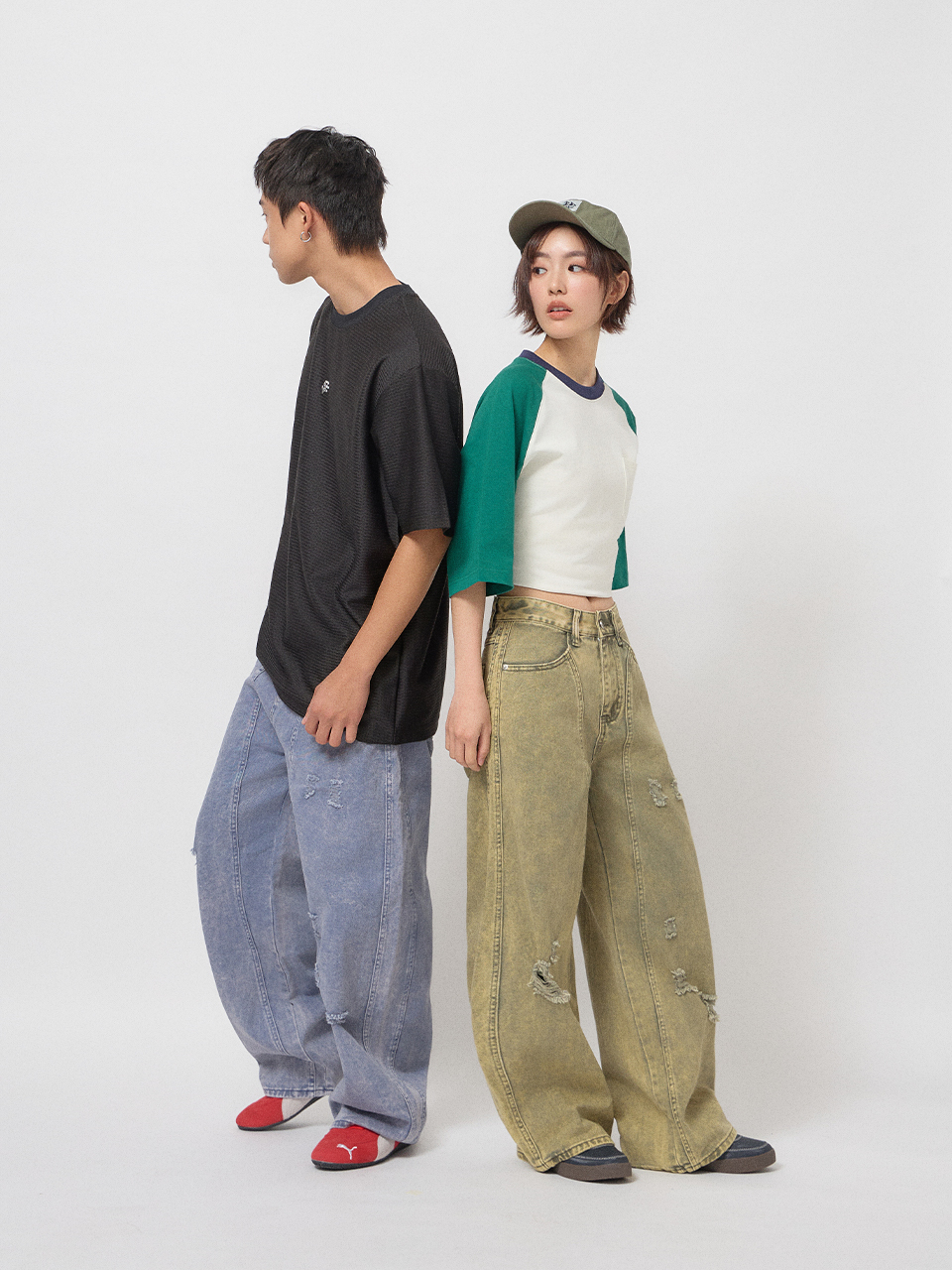 美式高街刷破寬版牛仔褲