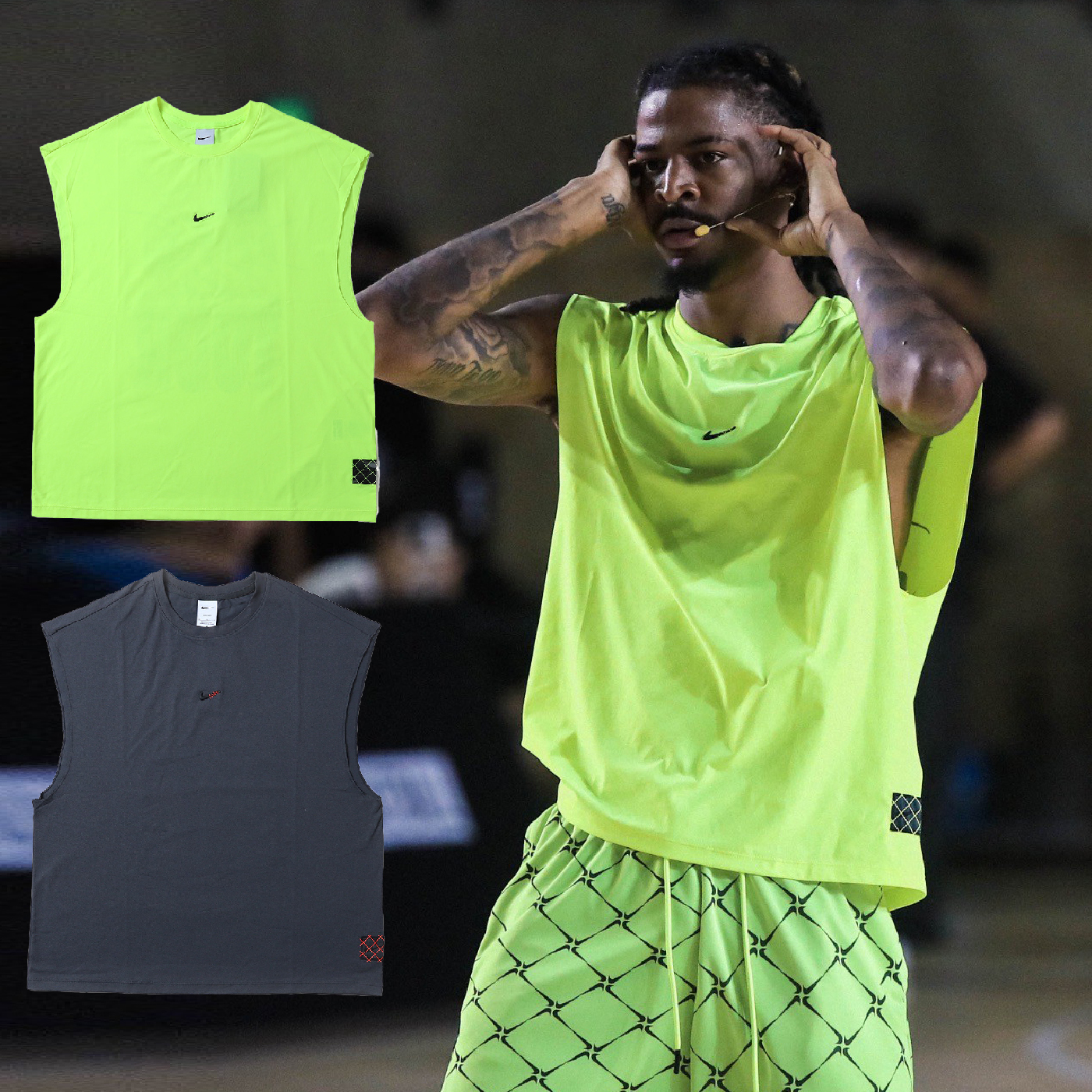男款 NIKE DRY TEE 鐵灰 螢光黃 Ja Morant同款 莫蘭特 印花 立體LOGO 刺繡 無袖 籃球 休閒 運動背心【HV1889】JA