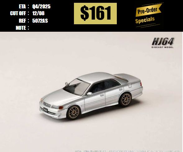 PO-$161 * HOBBY JAPAN * 1:64 TOYOTA CHASER JZX100 TOURER V 1996 SILVER JDM VERSION [OD05/08]