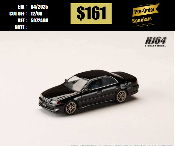 PO-$161 * HOBBY JAPAN * 1:64 TOYOTA CHASER JZX100 TOURER V 1996 BLACK JDM VERSION [OD05/08]