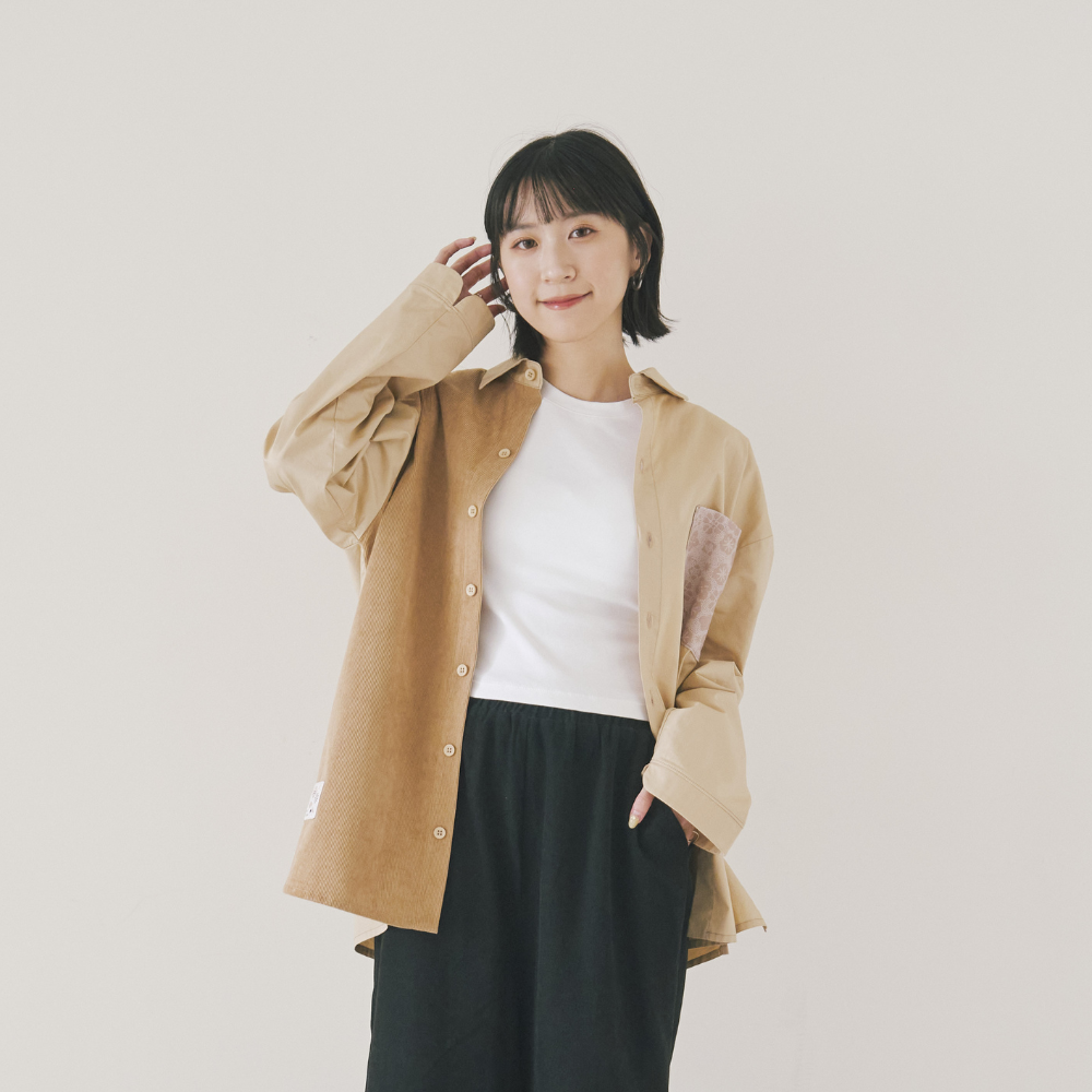 長袖パッチワークシャツ／Iシリーズ／アースブラウン