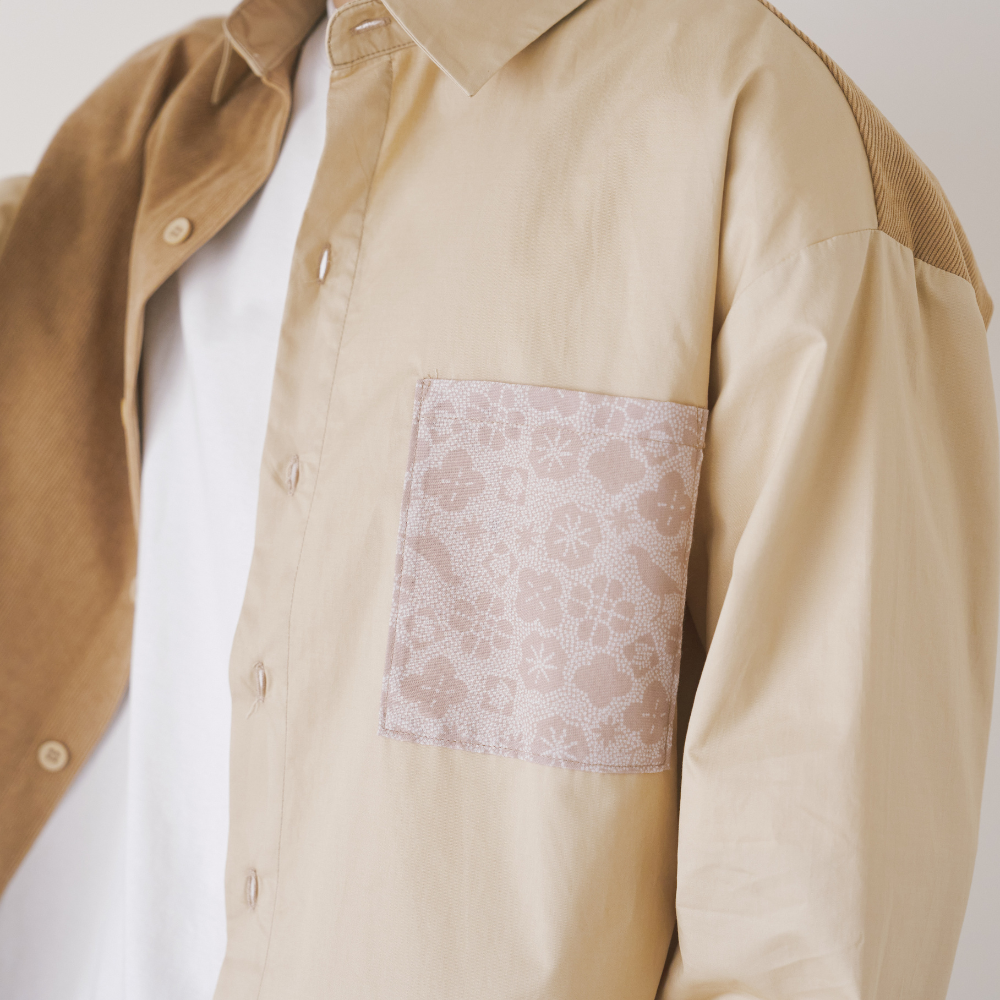 長袖パッチワークシャツ／Iシリーズ／アースブラウン