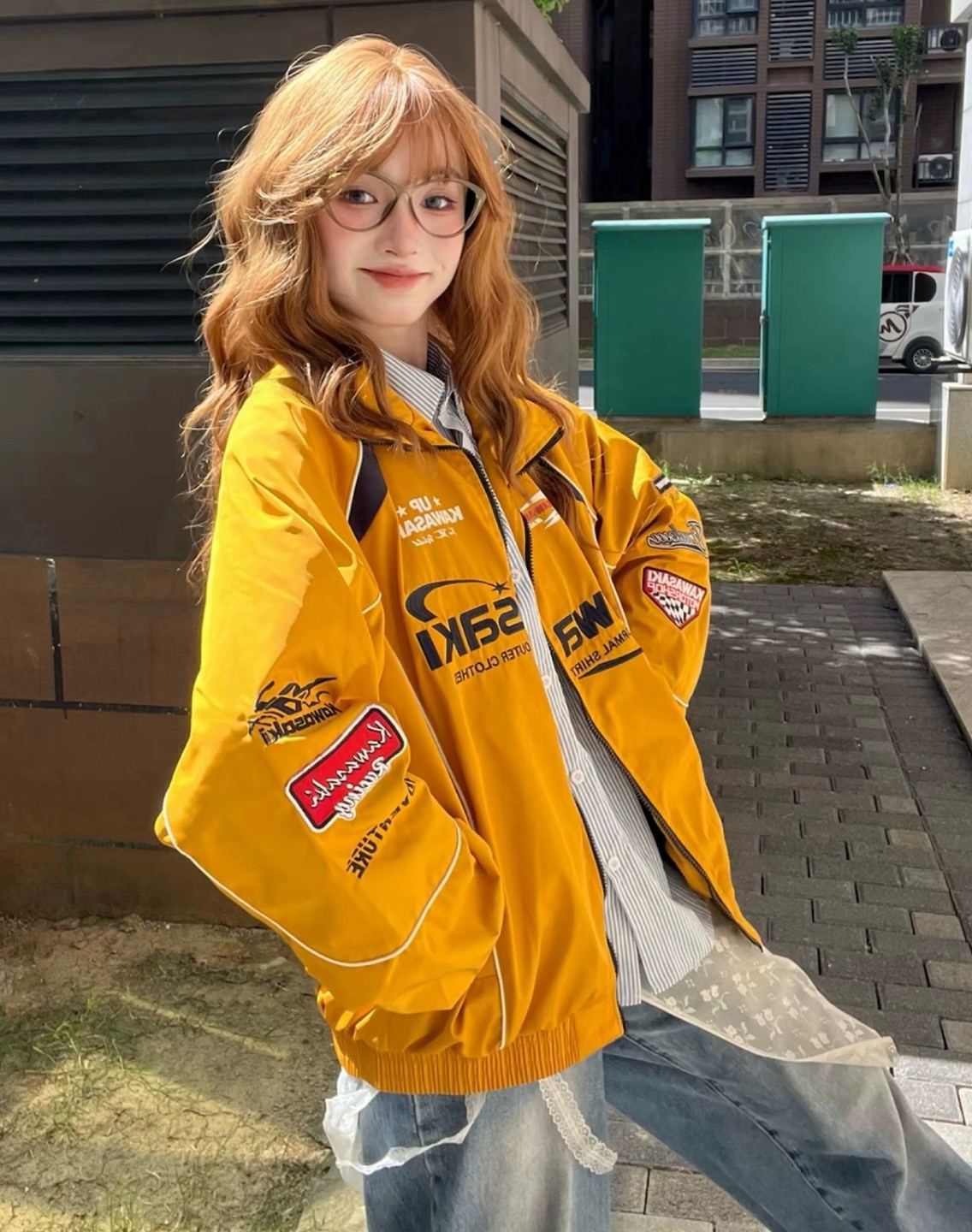 Kawasaki川崎 復古車隊風拉鏈刺繡外套 美式拼色寬鬆立領 男女同款  黑色/海軍藍/紅色/黃色Aug25