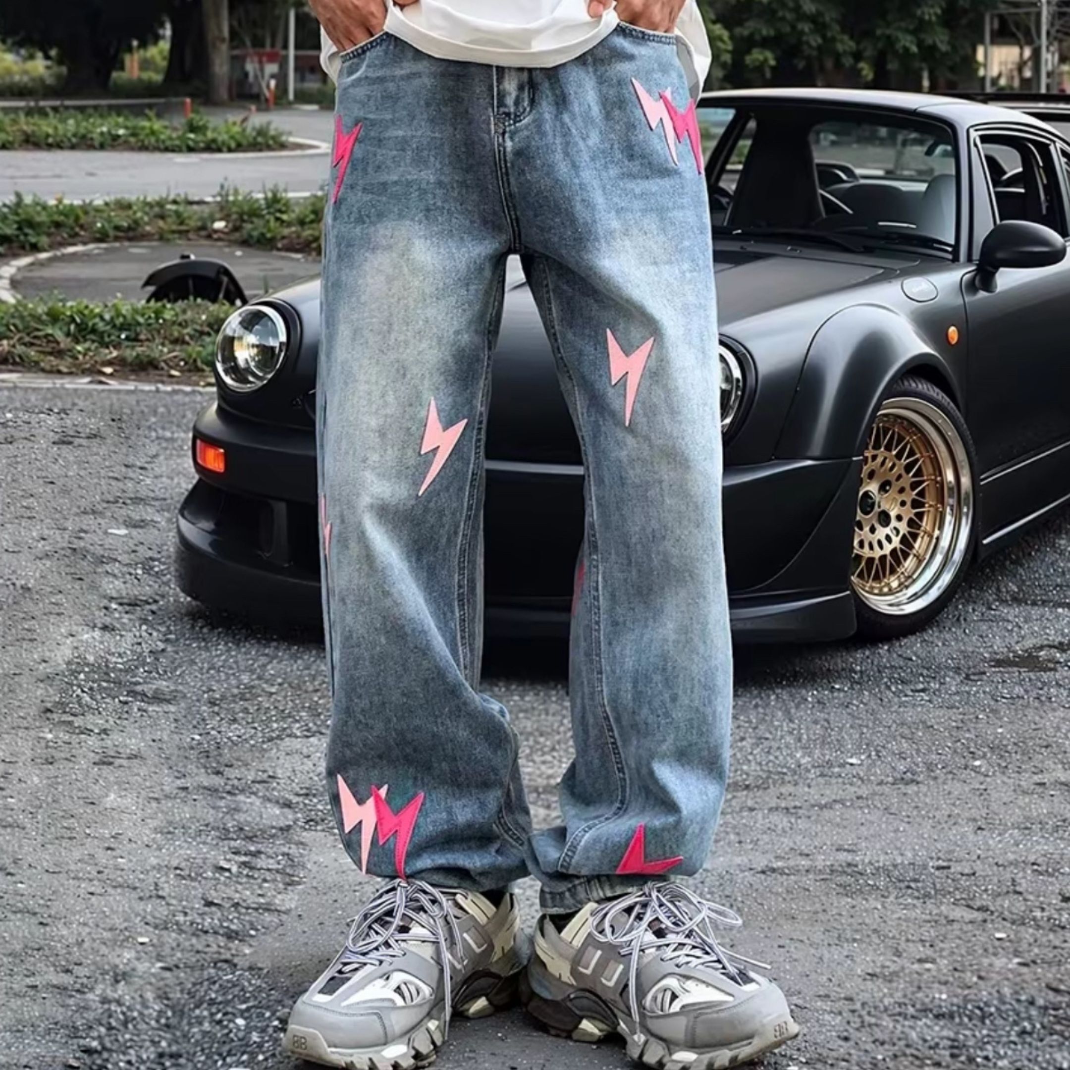 NICEDAY 代購 Amexnocap 拉鏈 粉白 白粉 漸層 閃電 牛仔褲 貼布 高盎司 水洗 AO1ZIPB03